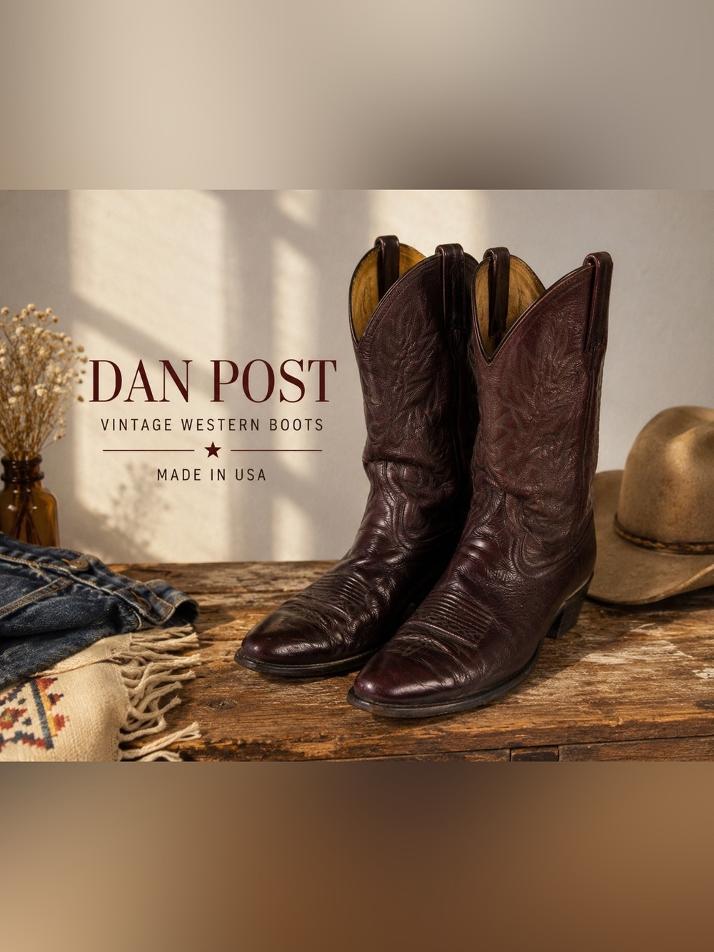 Vintage Dan Post Burgundy Leather Western Cowboy Boots Men’s 9.5 D USA